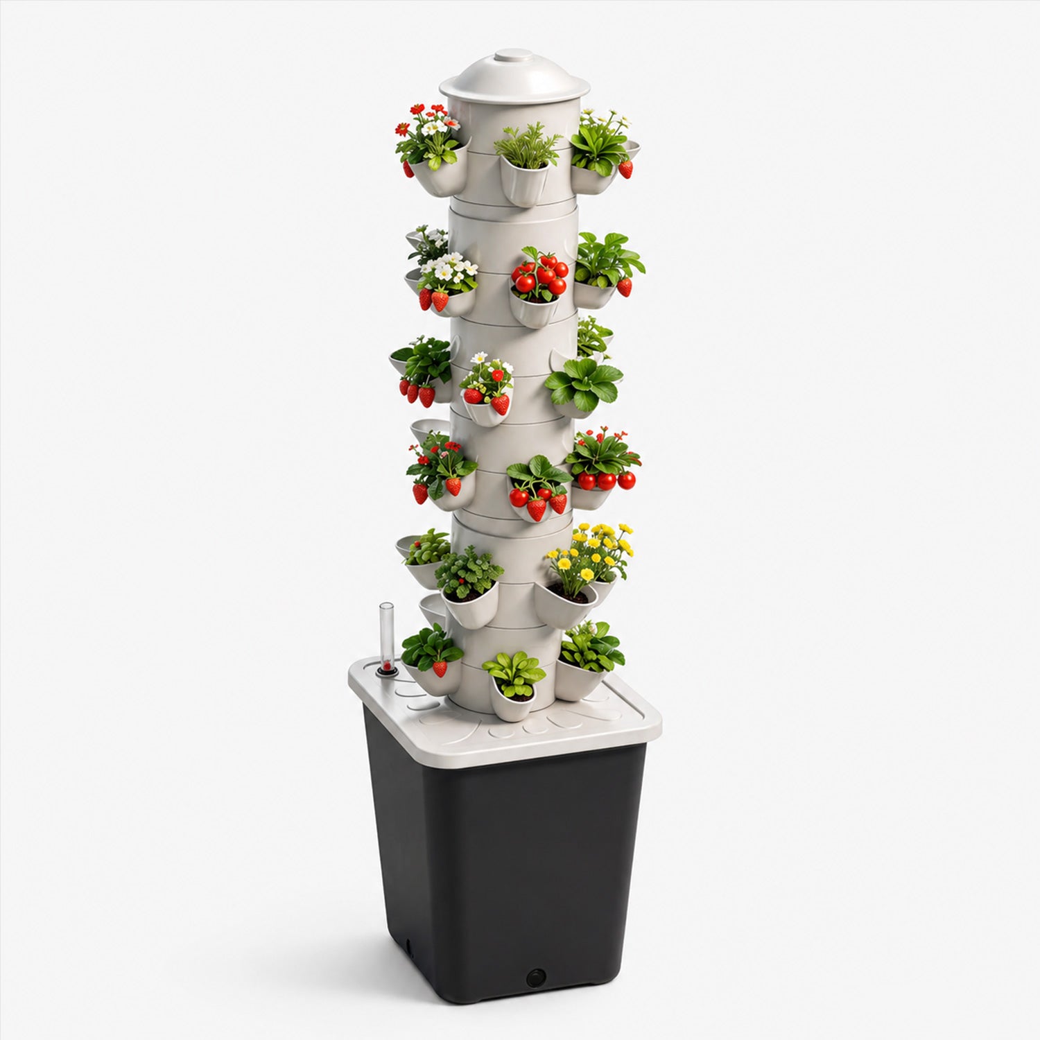 HarvestTower 30-site vertical hydroponic tower growing herbs, strawberries and leafy greens