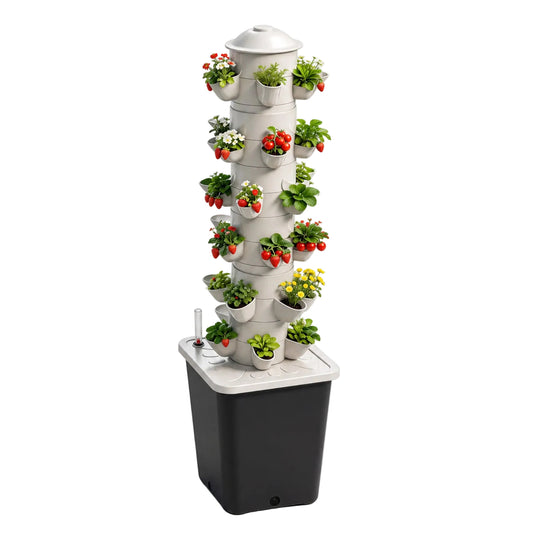 HarvestTower 30-site vertical hydroponic tower growing herbs, strawberries and leafy greens