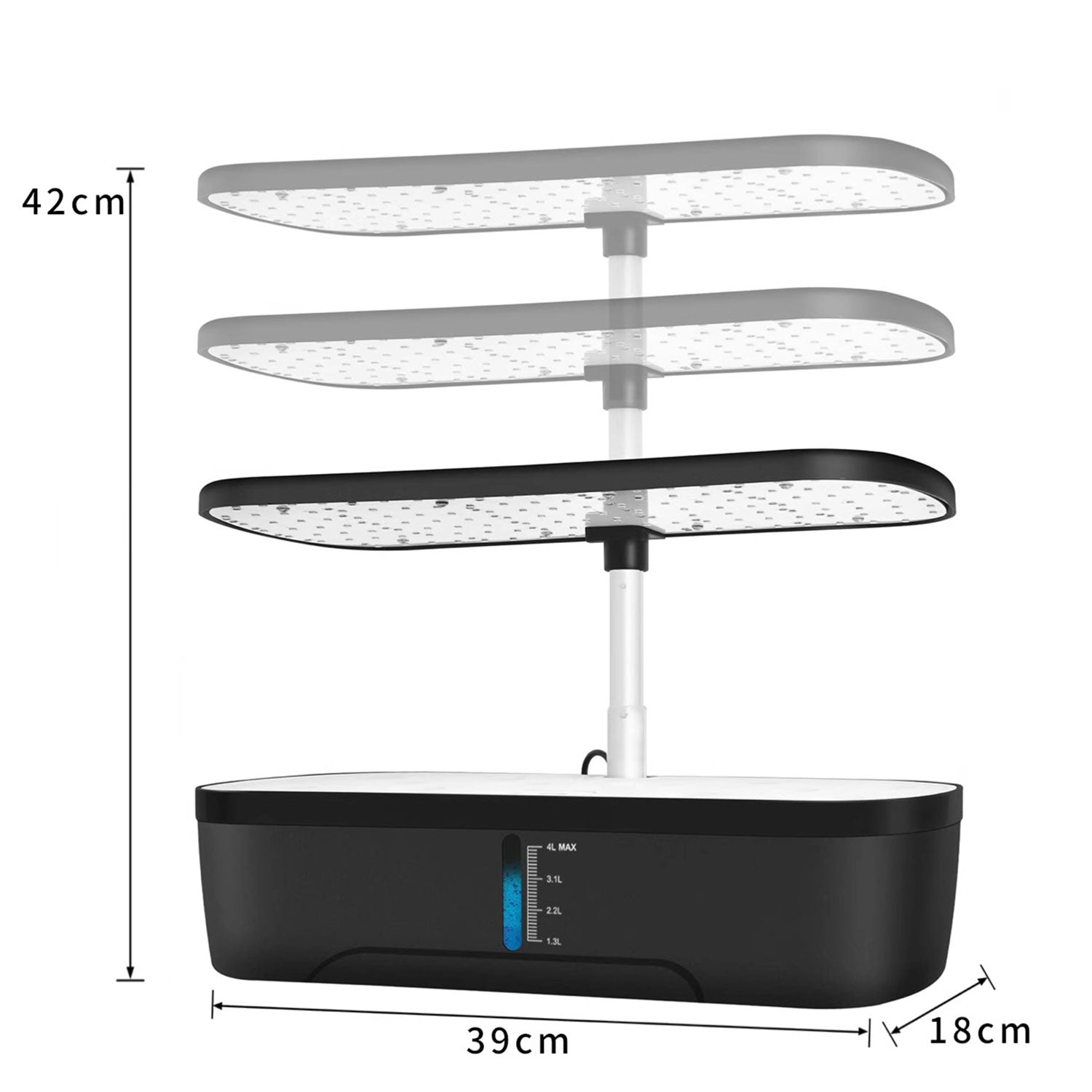 Countertop hydroponic grower dimensions: 42cm height, 39cm width, adjustable LED light arm