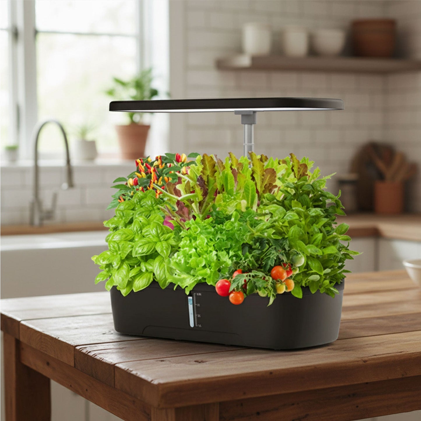 KitchenFarm 12-pod smart countertop hydroponic grower with herbs and leafy greens indoors