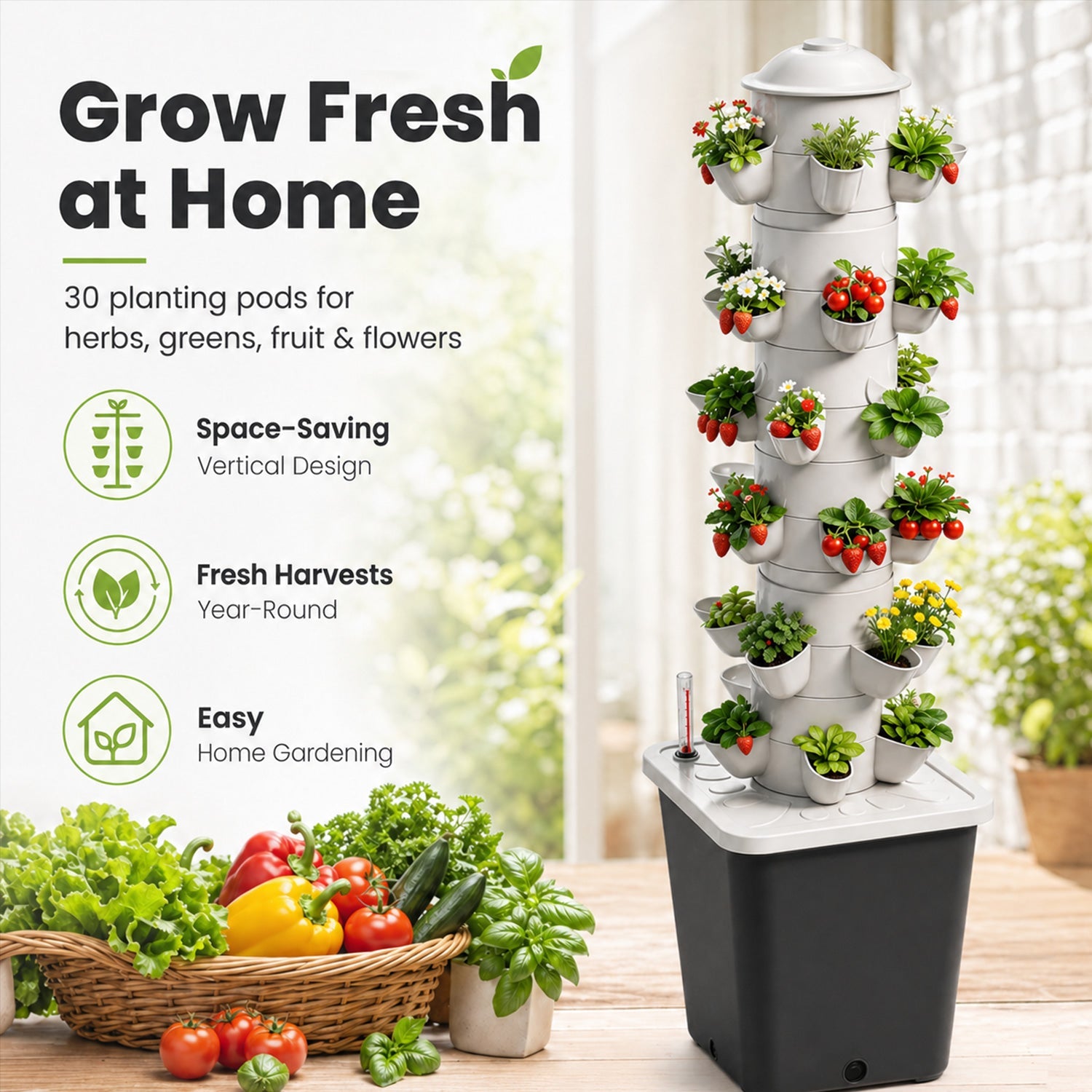Vertical hydroponic system growing fresh herbs, greens, fruit and flowers at home