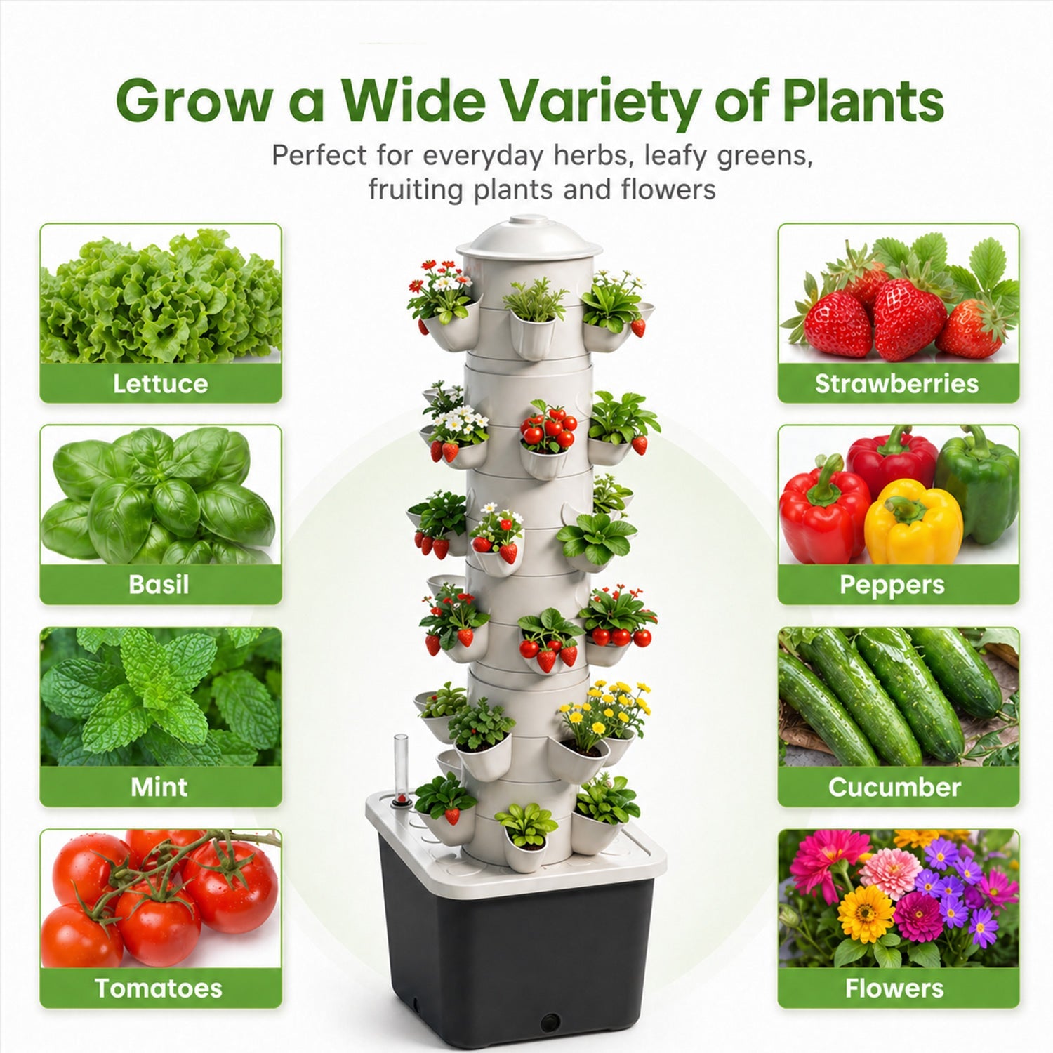 30-site hydroponic tower growing lettuce, basil, mint, strawberries, tomatoes and flowers