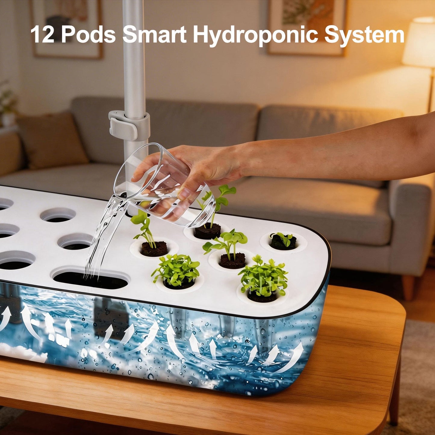 12-pod hydroponic system with water reservoir for home seedling and herb growing