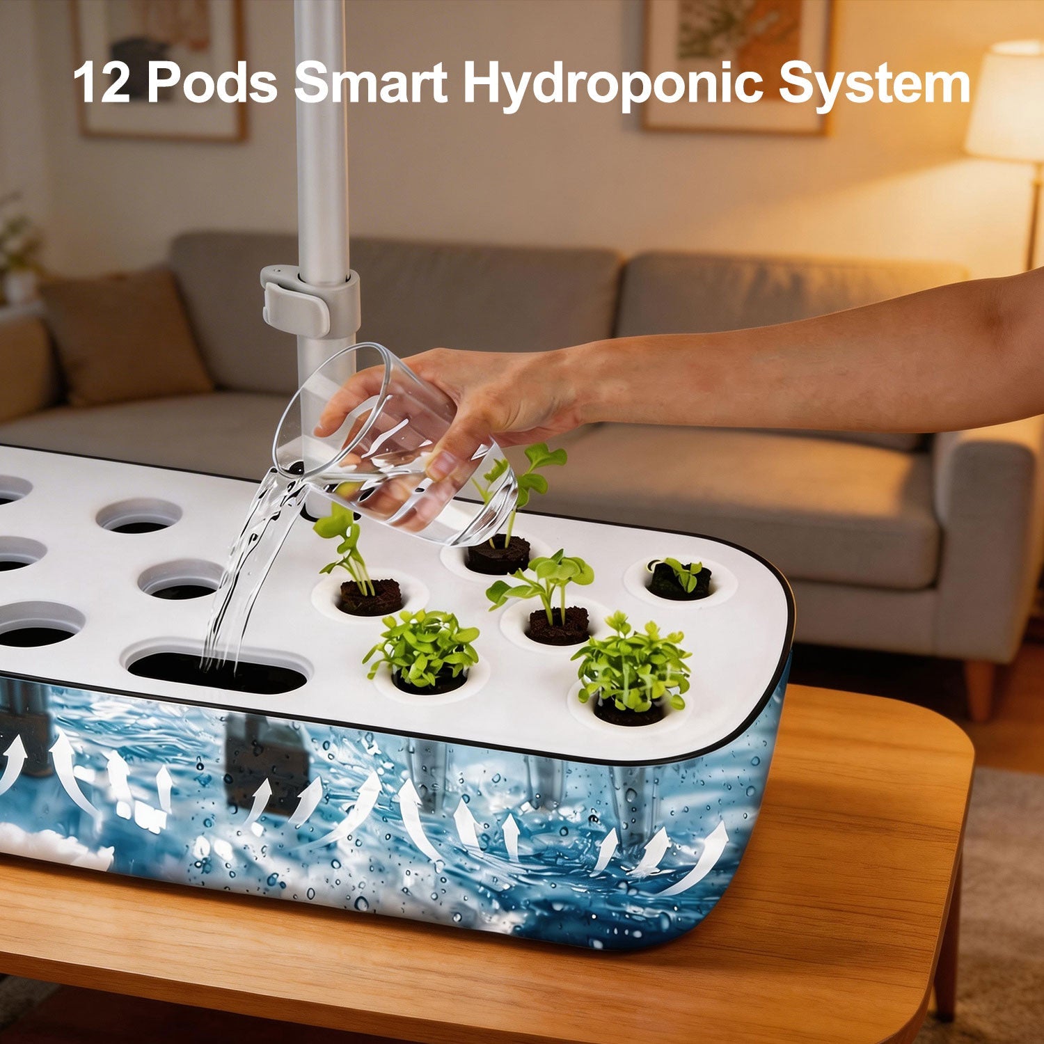 12-pod hydroponic system with water reservoir for home seedling and herb growing