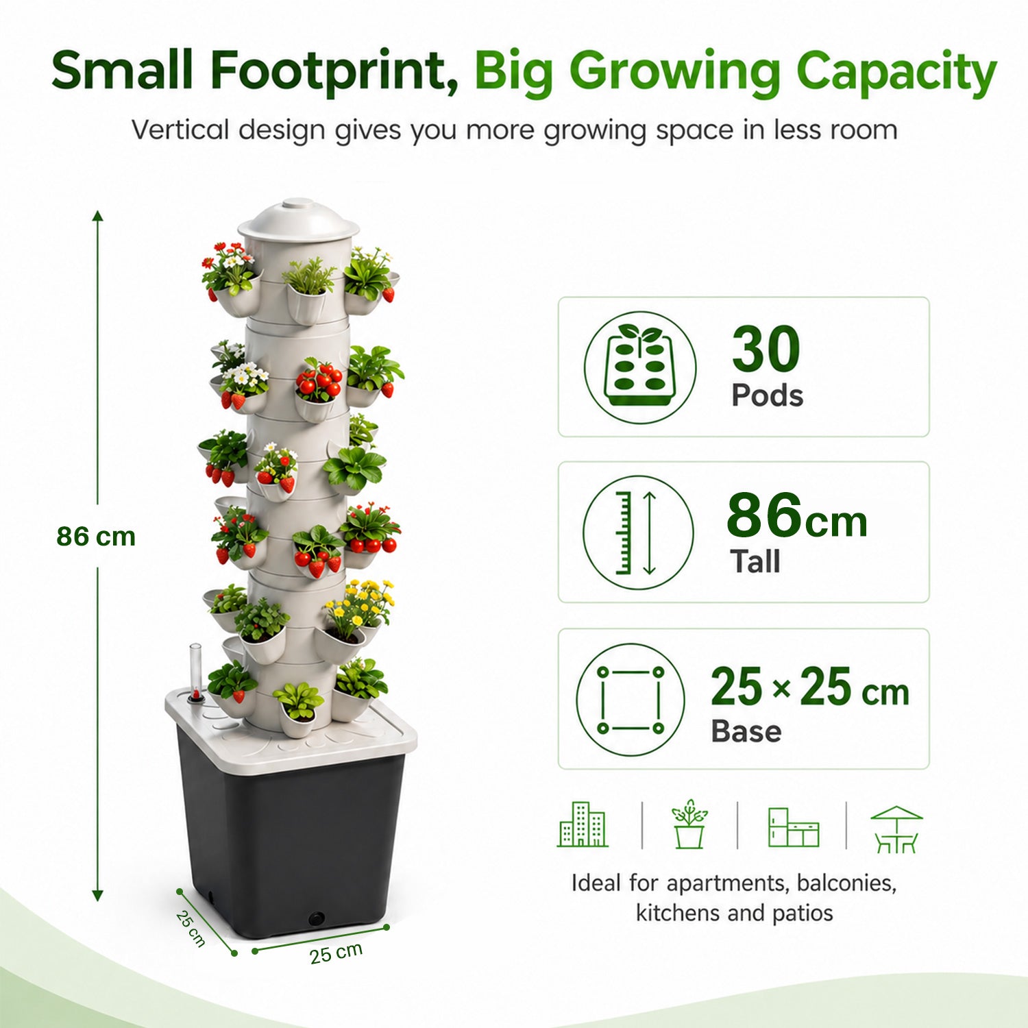 Vertical hydroponic grow tower with 30 pods, 86cm height and 25x25cm base