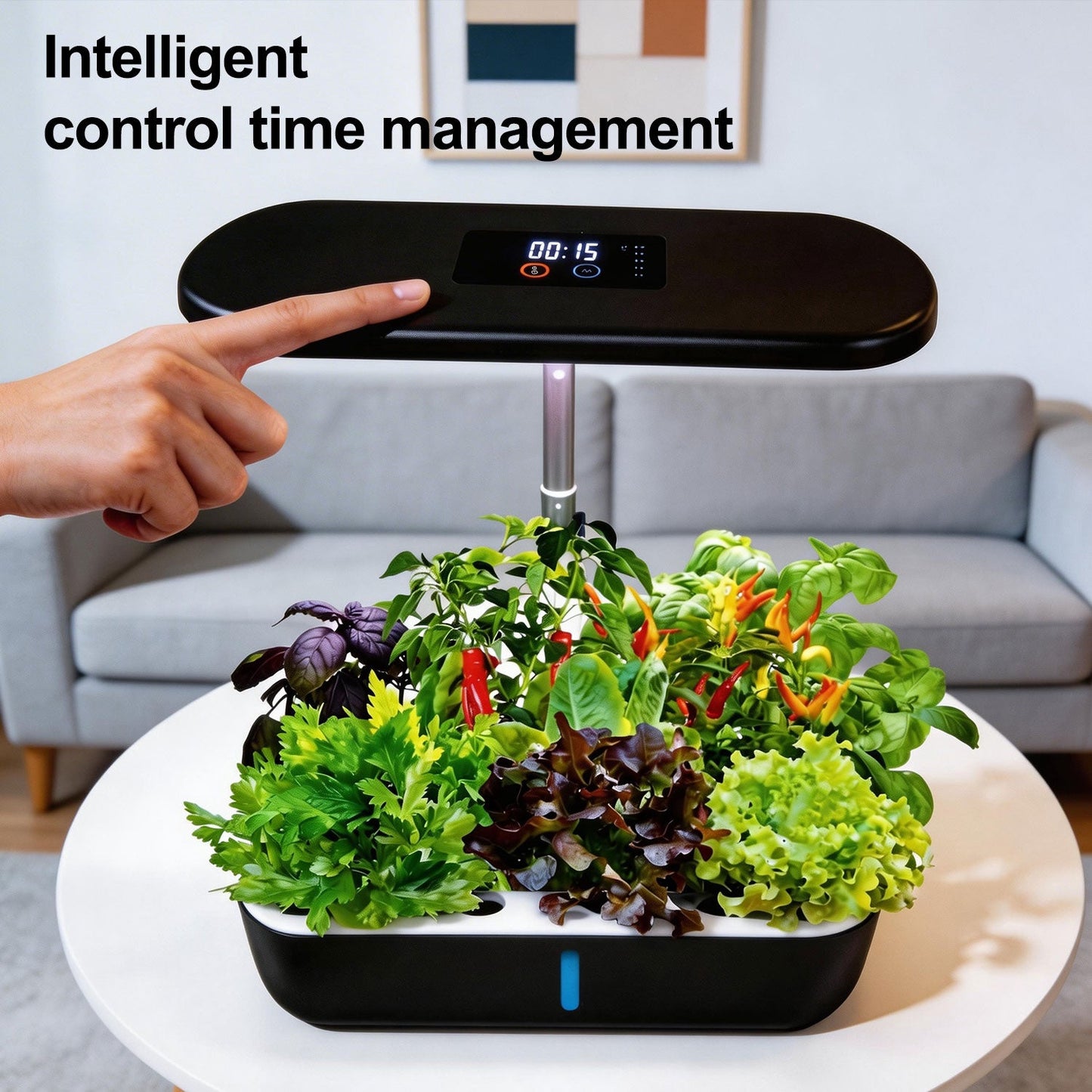 Smart countertop hydroponic grower with touch timer control and LED grow light