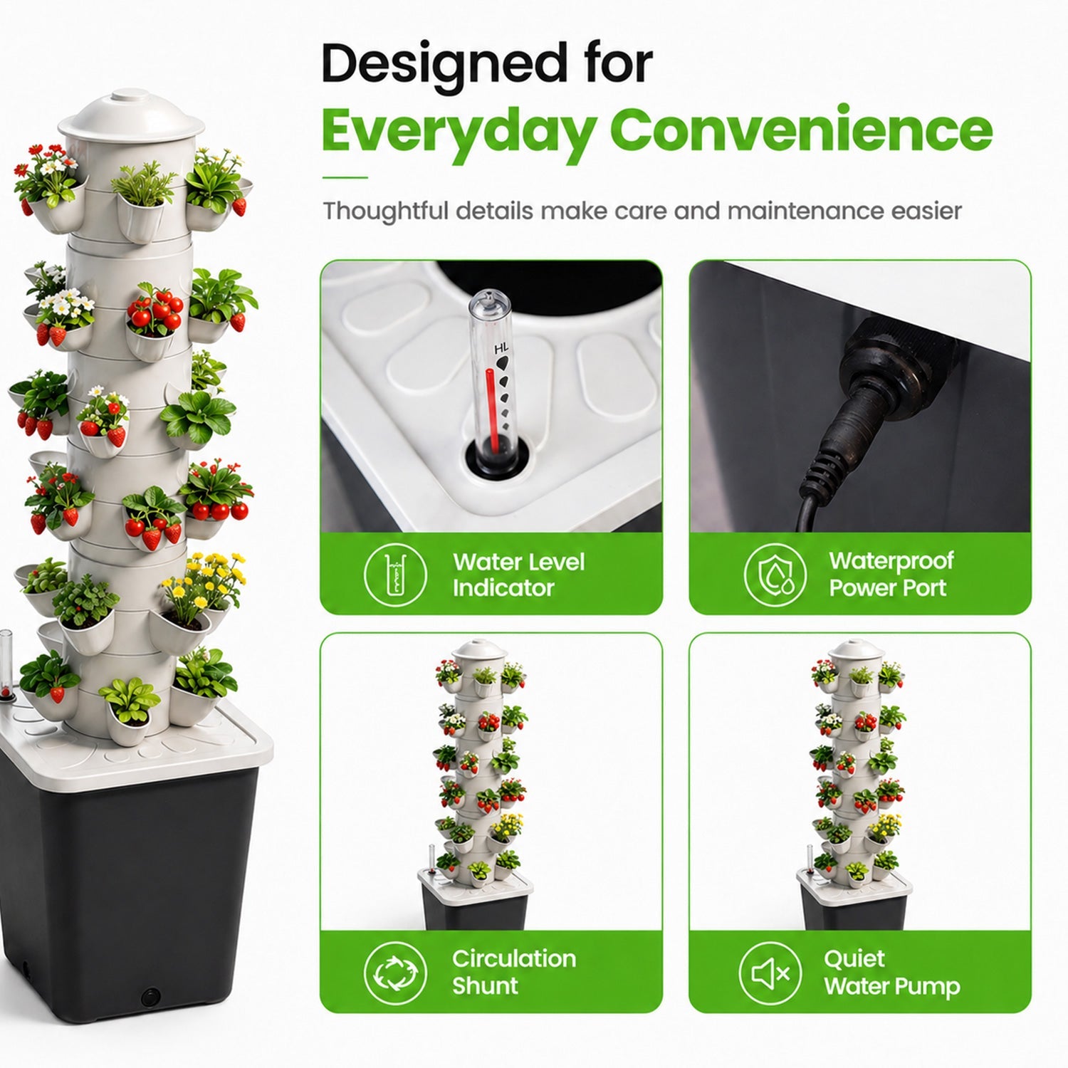 Grow tower water level indicator, waterproof power port and quiet submersible pump