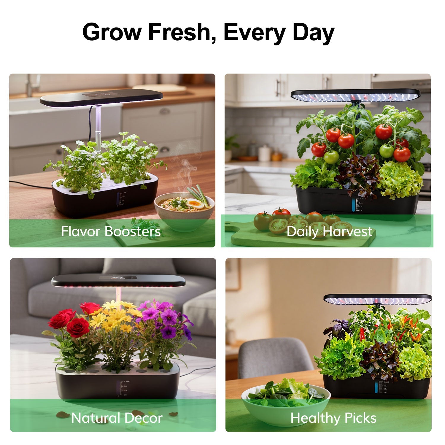 Fresh herbs and daily harvests from a countertop hydroponic grower at home