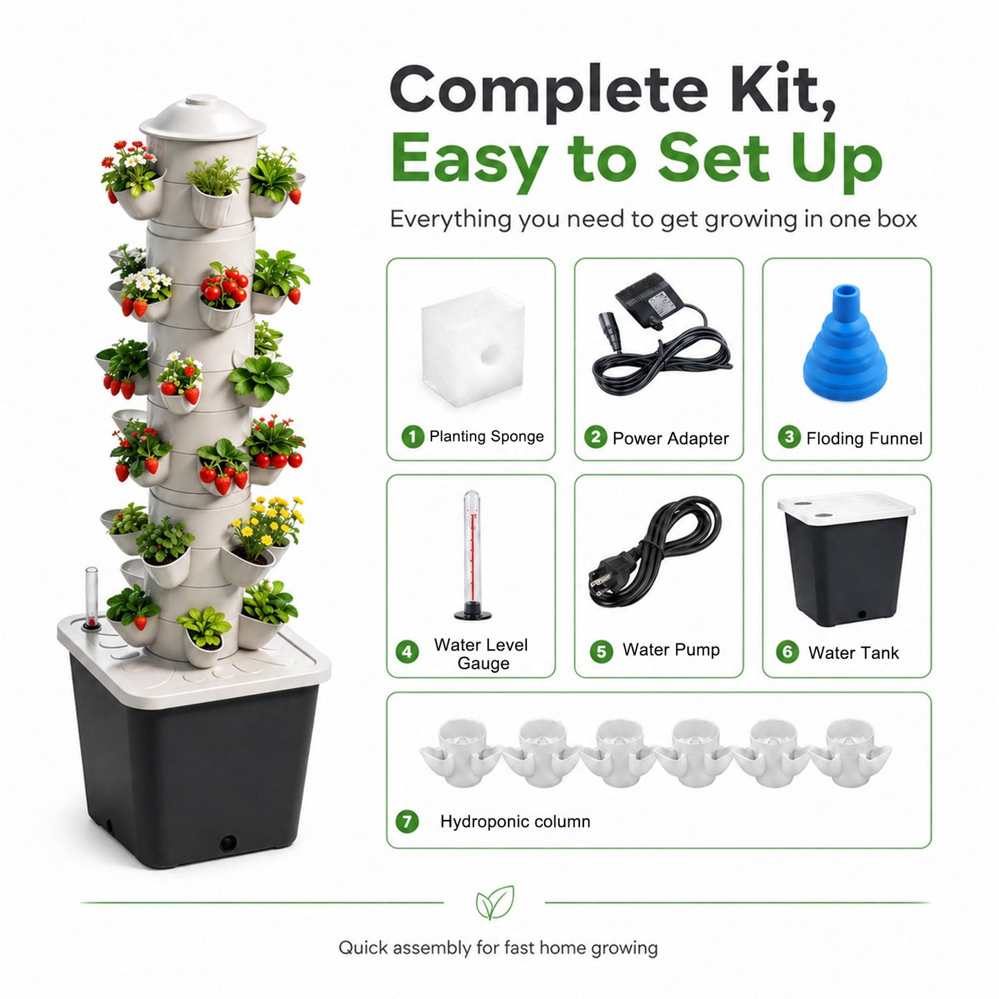 30-site hydroponic tower kit with pump, adapter, sponges, funnel and water tank