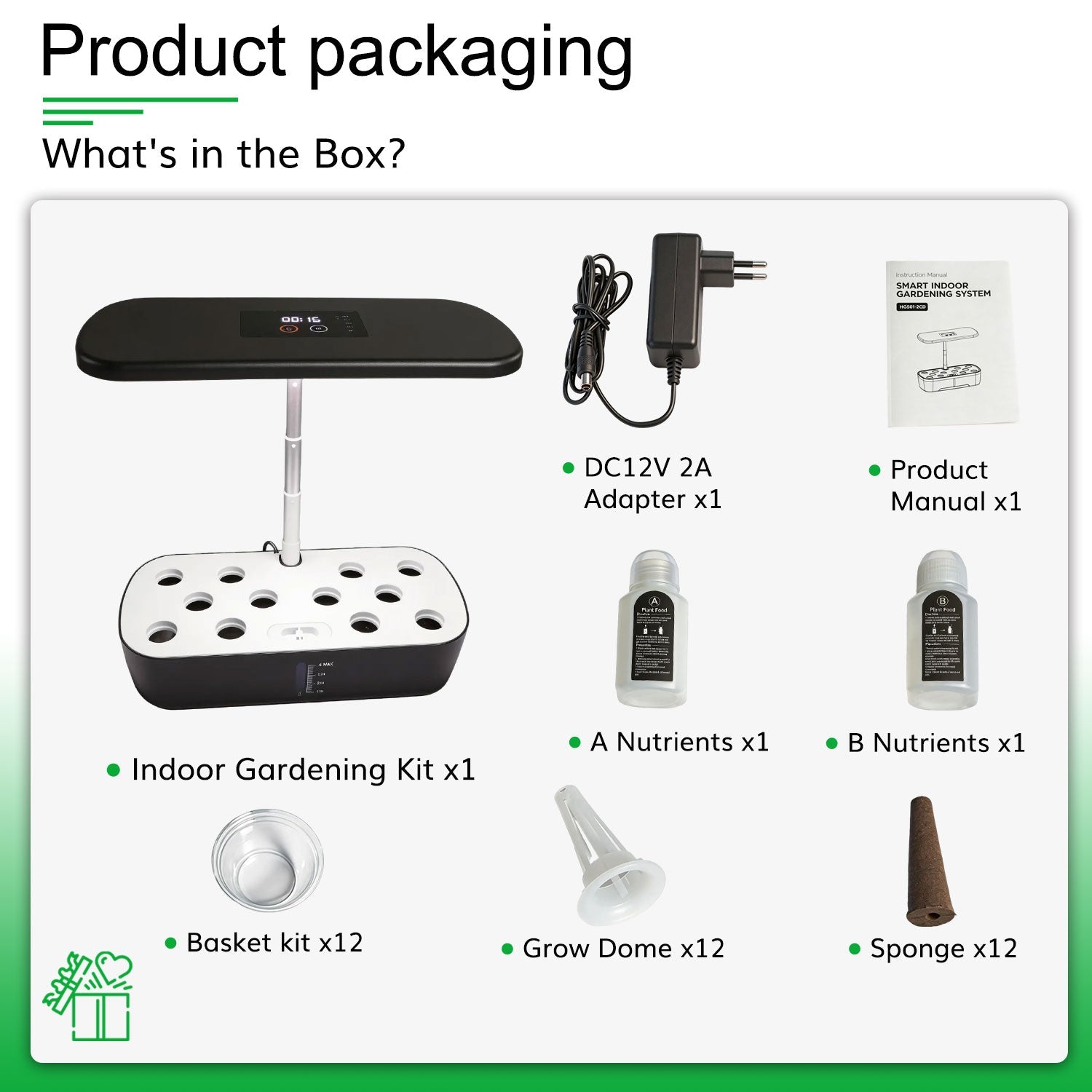 Hydroponic kit contents: 12 baskets, grow domes, sponges, nutrients and power adapter