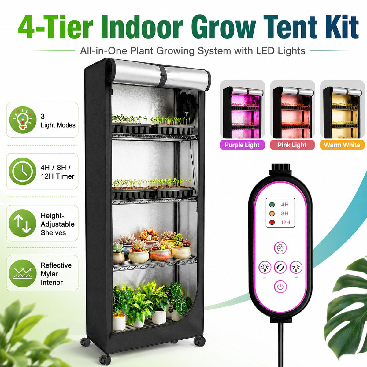 5-tier grow tent shelving with full-spectrum grow lights for clones, seedlings and herbs