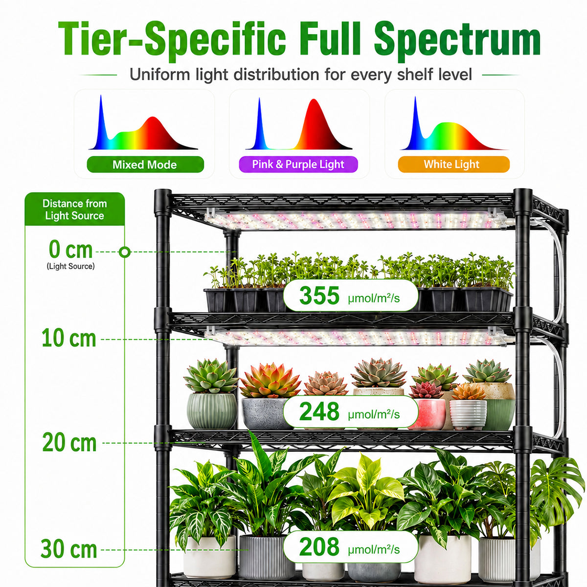 Tier-by-tier full-spectrum lighting chart with light distance and PPFD readings per shelf