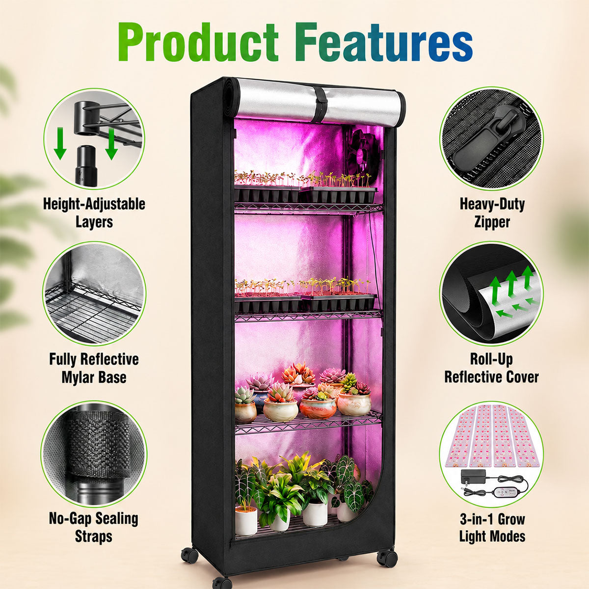 Grow tent features: adjustable layers, reflective base, zipper door and caster wheels