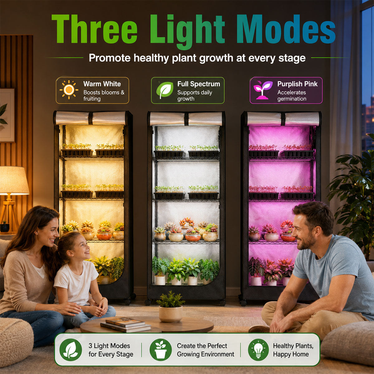 Grow tent shelf lighting in a living room showing all three LED modes