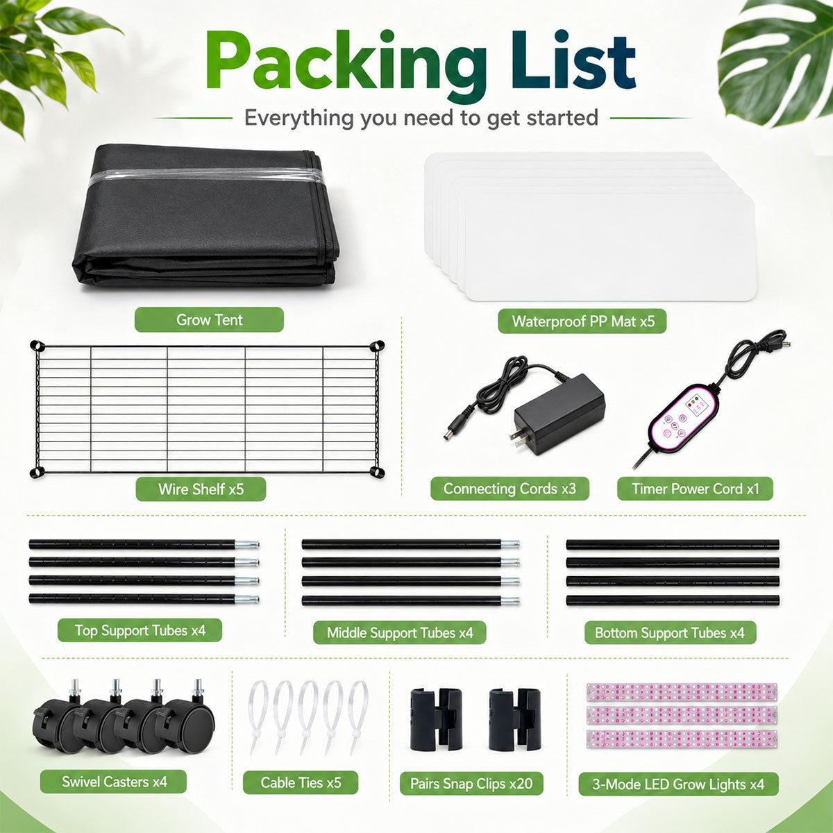 GrowHaus 5-tier grow tent box contents: cover, wire shelves, LED bars, cords, clips and casters
