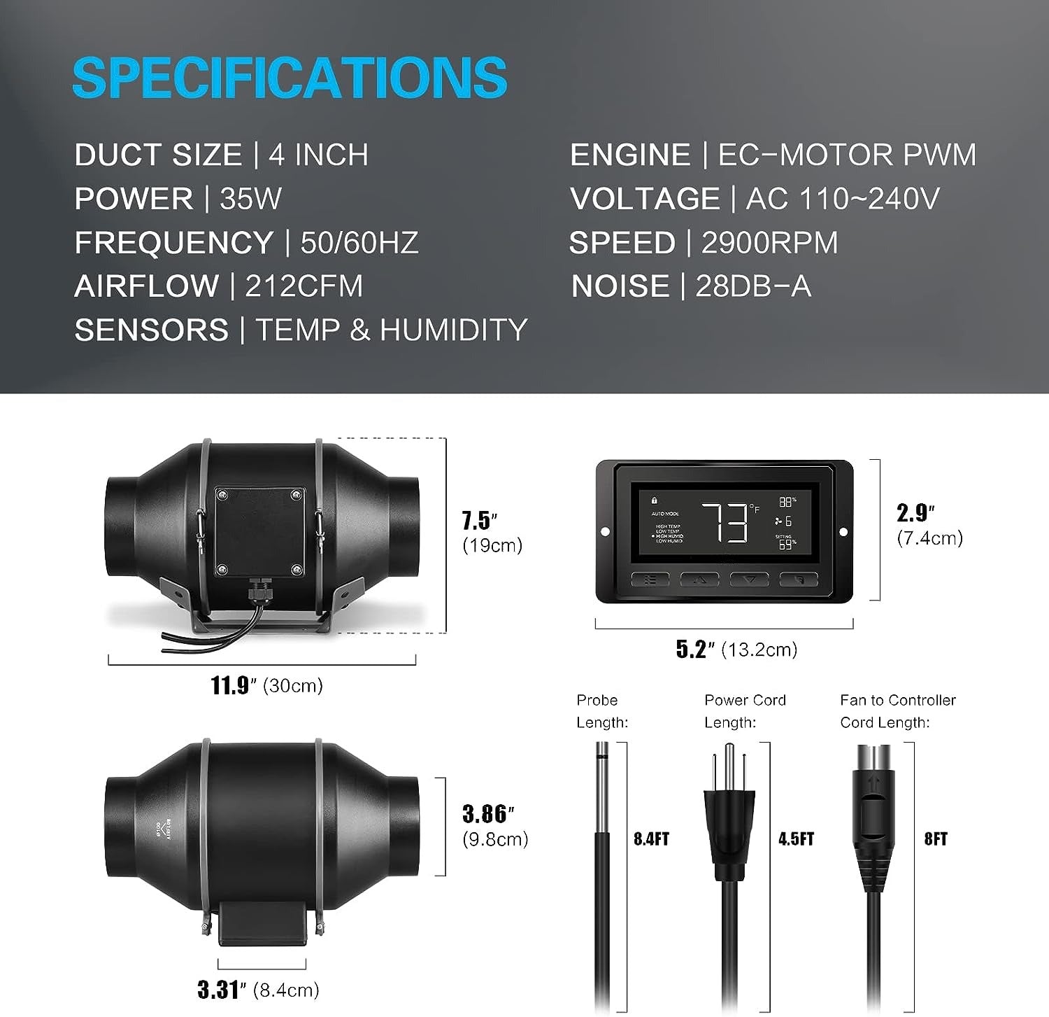 Inline Duct Extraction Fan with Temperature Humidity Controller – Plant ...