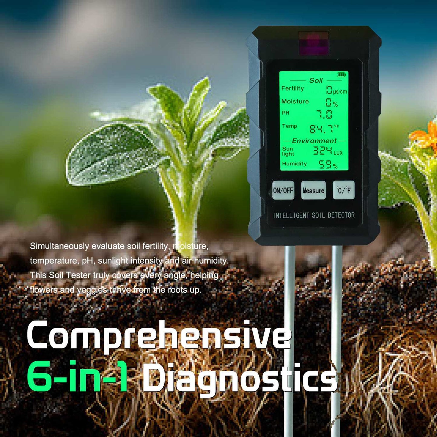 6-in-1 Multifunctional Soil Tester - EC/Moisture/Temperature/PH/Sunlight Intensity/Ambient Humidity