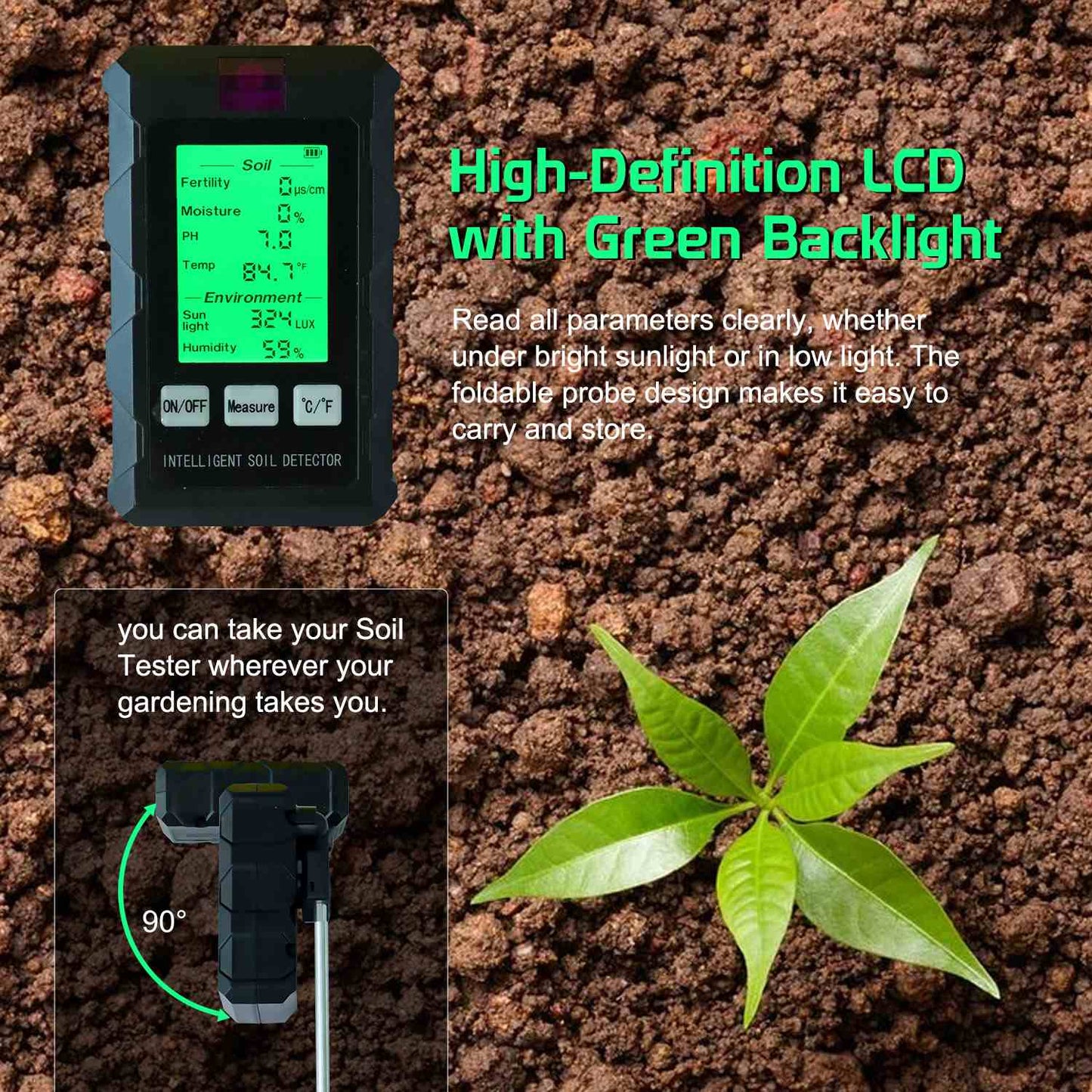 6-in-1 Multifunctional Soil Tester - EC/Moisture/Temperature/PH/Sunlight Intensity/Ambient Humidity