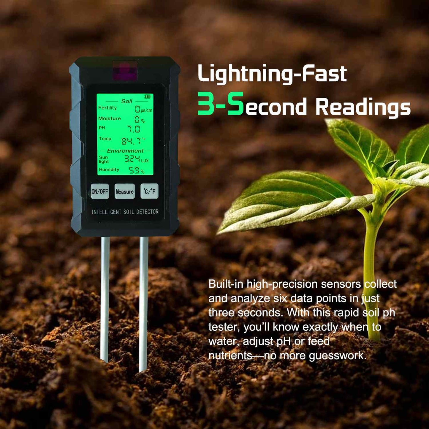 6-in-1 Multifunctional Soil Tester - EC/Moisture/Temperature/PH/Sunlight Intensity/Ambient Humidity