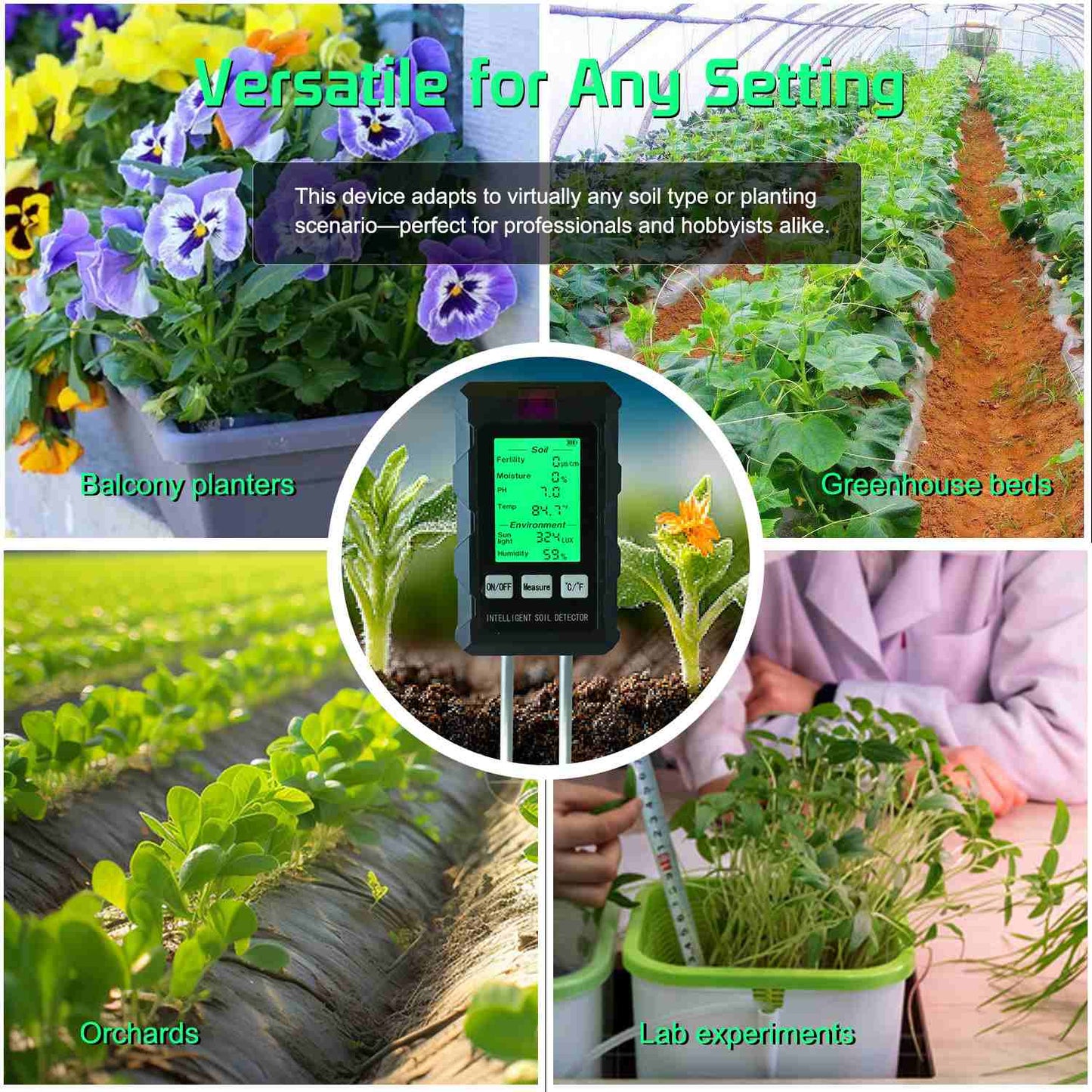 6-in-1 Multifunctional Soil Tester - EC/Moisture/Temperature/PH/Sunlight Intensity/Ambient Humidity