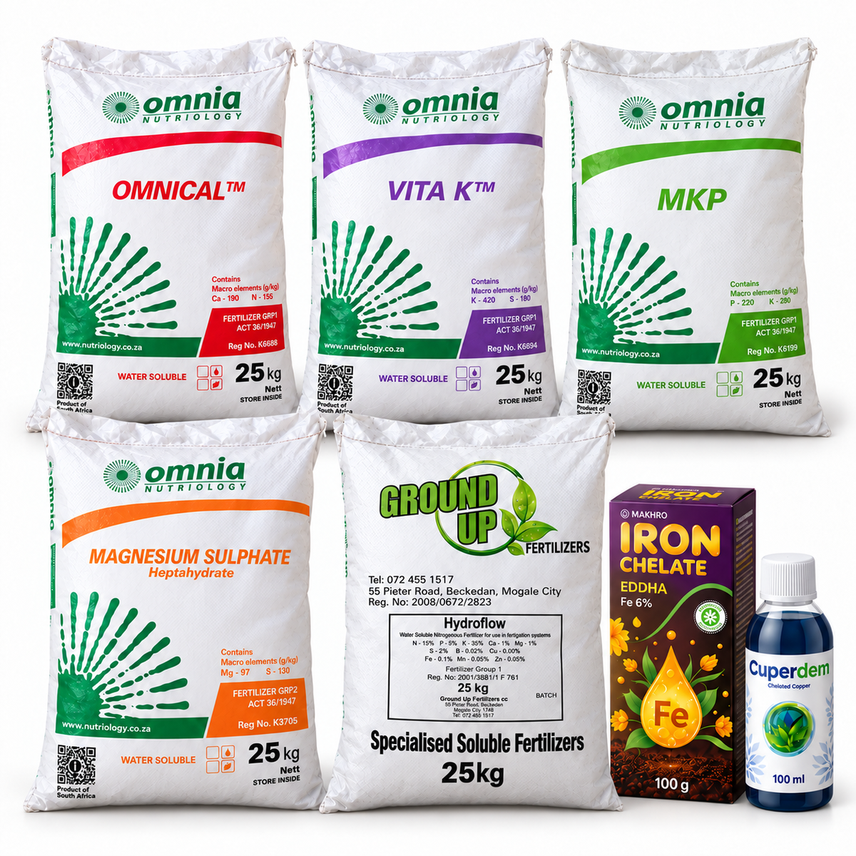 V4 kit ingredients shown in original 25 kg bulk source packaging; kit supplies 1 kg of each powder, iron chelate 100 g and copper 100 ml.