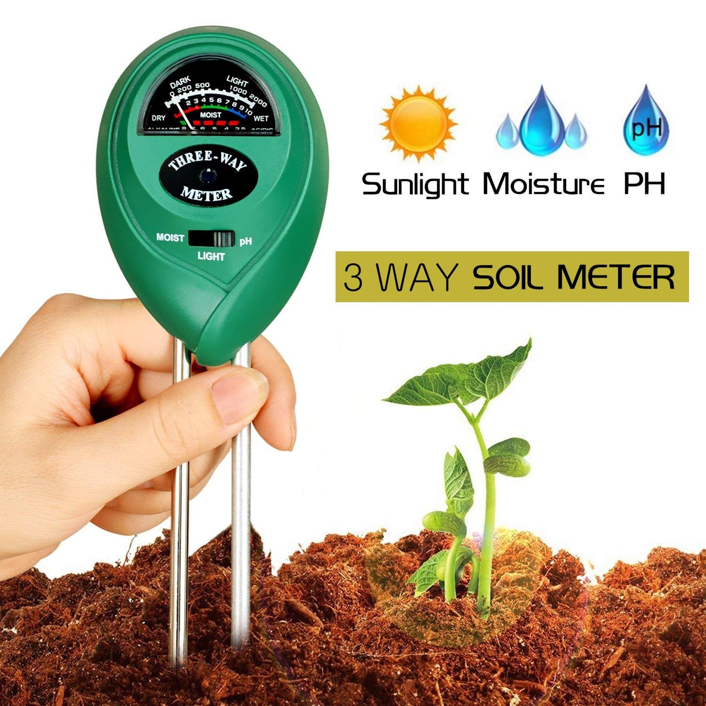 3-way Moisture, Light and Ph Meter | Soil Tester for plants